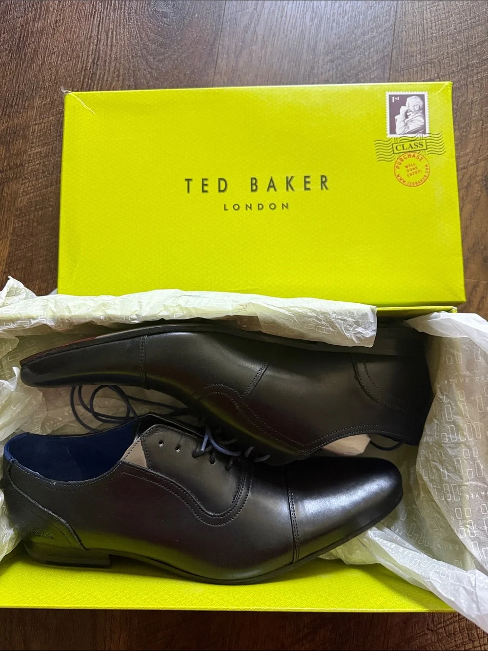 Ted Baker Black Leather Cap-Toe Derby with Navy Lining